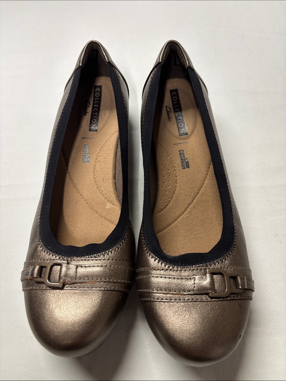 Clarks Leather Metallic Bronze Ballet Flats with Decorative Buckle